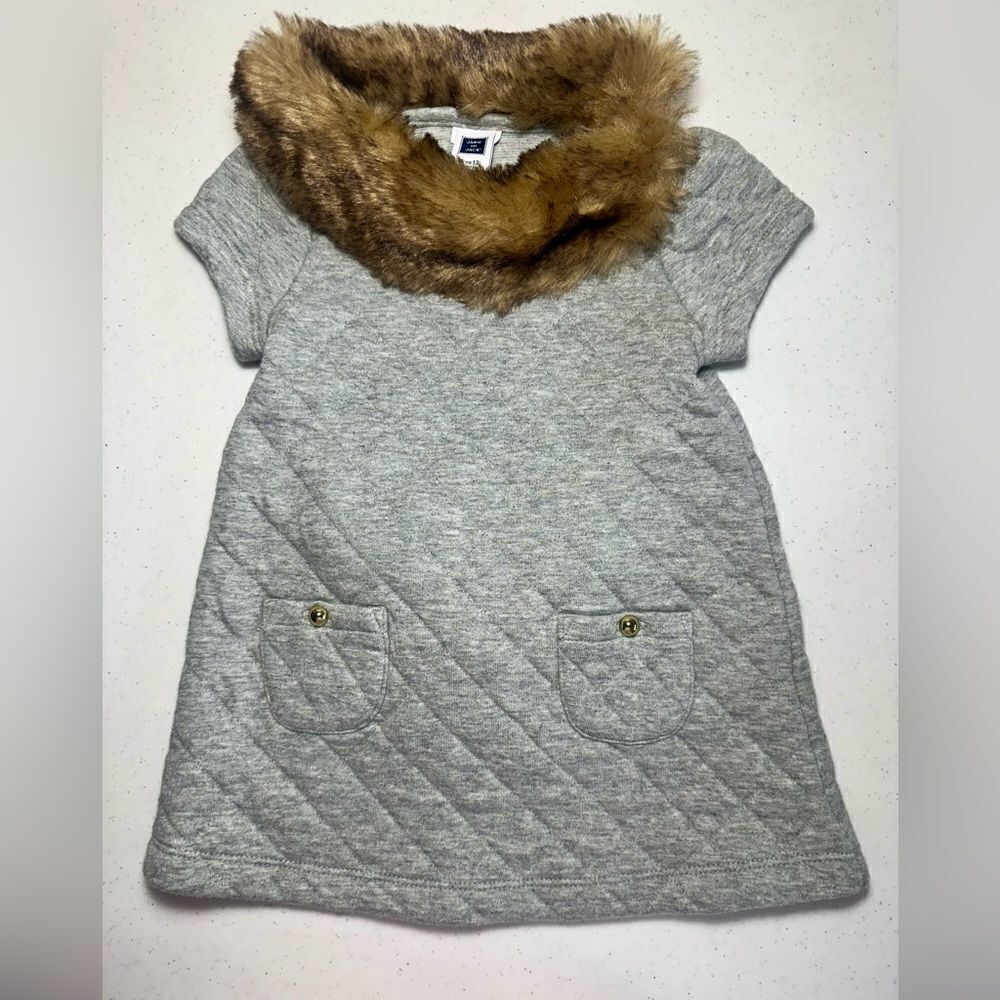 NEW Janie and Jack Riding Lesson Faux Fur Collar Gray Quilted Dress 6 to 12 mo.